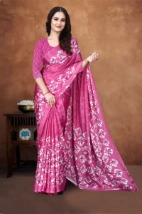 Printed Banarasi Chiffon, Silk Blend Saree (Pink)